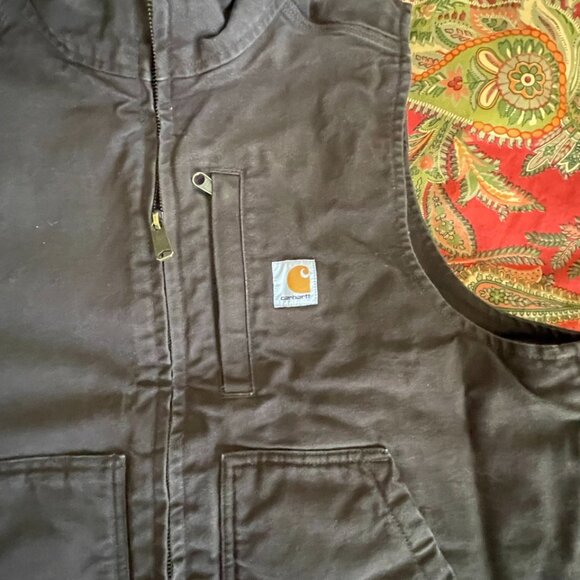Men's Carhartt Dark Brown Cotton Loose Fit Washed Duck Sherpa-Lined Vest Medium! - Picture 3 of 16